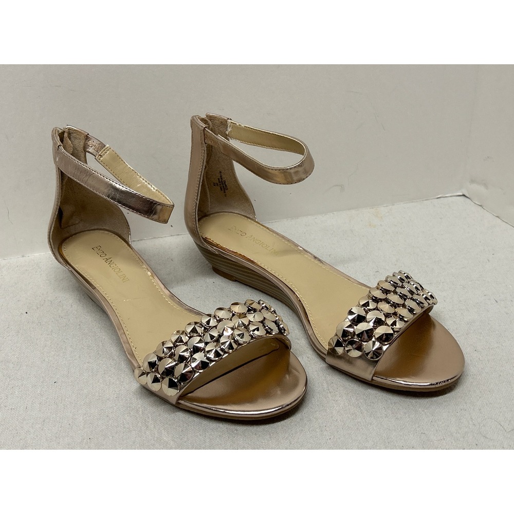 Vintage Enzo Angiolini Women Rose Gold Studded Ankle Strap Wedge Sandals Prom 8M